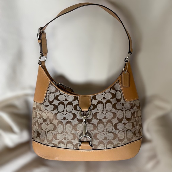 Coach Handbags - Coach Signature Hampton Soho Khaki Canvas Leather Hobo Shoulder Bag